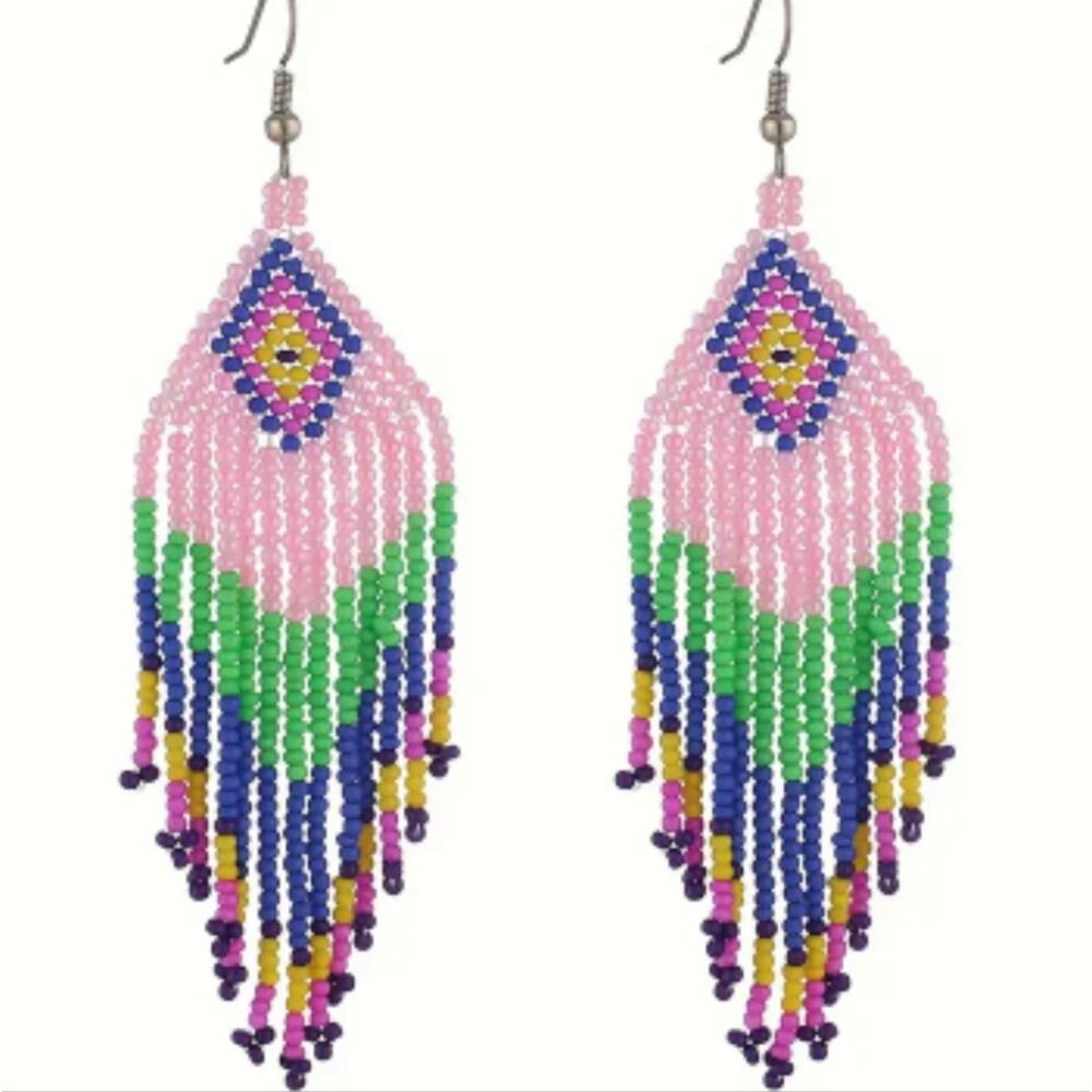 Boho pink green blue & yellow beaded tassel earrings